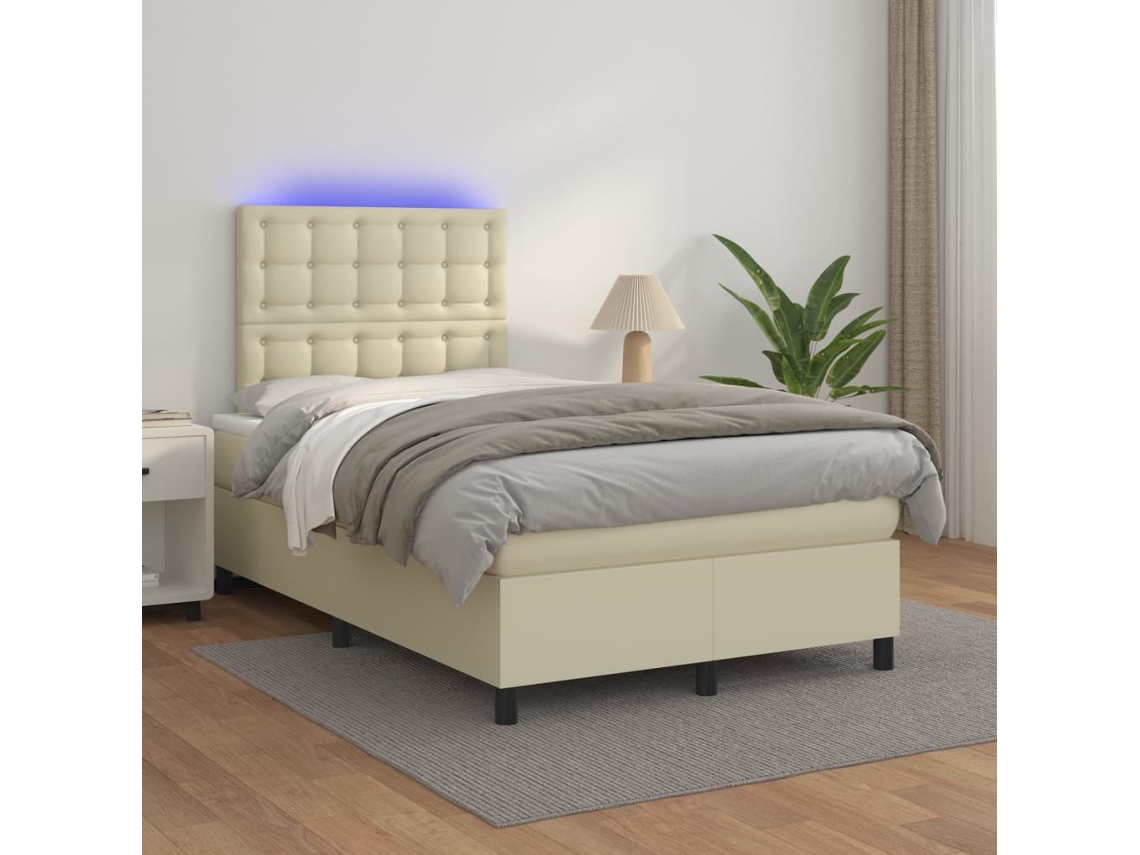 Vidaxl Cama Box Spring C/ Colchão/led 120x200cm Couro Artificial Creme