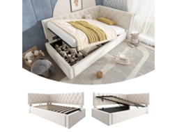 Cama Estofada Daybed 90x190cm, Sofá-cama Com Armazenamento Hidráulico, Cama Para Jovens Com Base De Ripas Em Madeira, Veludo, Bege, Sem Colchão.-op