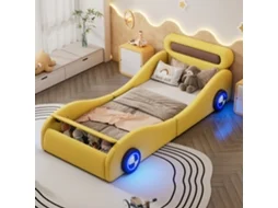 Cama infantil carro 90x200 cm em PU, rodas com LED, arrumação, design automóvel amarelo, sem colchão VSOGA