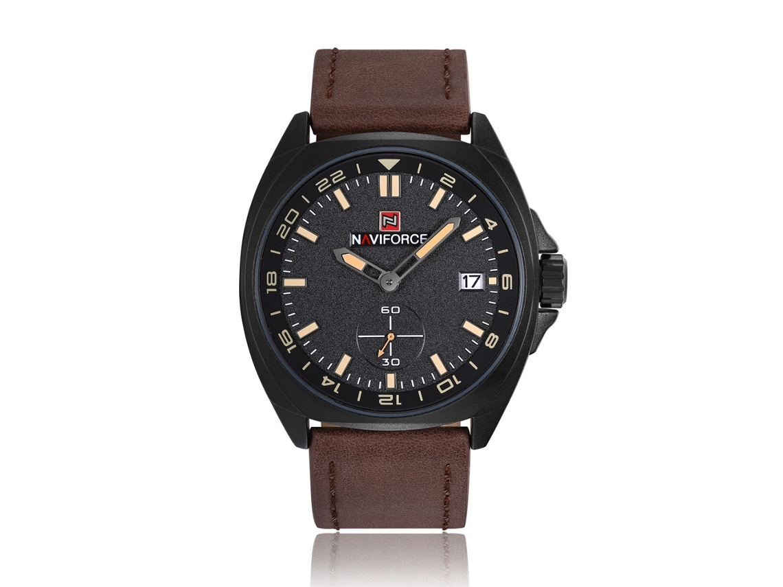 Relógio Masculino de Couro Naviforce com Calendário Resistente À Água 30m