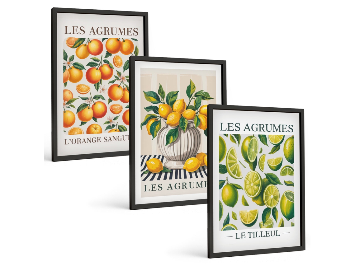 Conjunto De Pinturas Frutas Cítricas Coloridas Moldura Preta Imagens Para Um Quarto Infantil Espelharte (3 Piezas De 40x60 Cm)