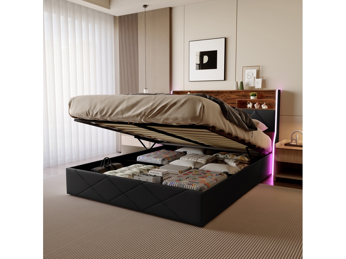 Cama De Casal Hidráulica Preto 160 X 200 Cm, Em Pele Pu E Carvalho Claro, Com Iluminação Led Dupla Face E Carregador Integrado