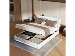 Cama Estofada Casal 140x200 Cm Com Espaço De Armazenamento Debaixo Da Cama, Luz Led E Usb, Altura Da Cabeceira Ajustável, Cor Bege Mexus