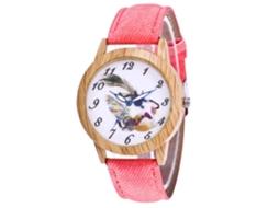 Relógio feminino de quartzo com pulseira de jeans, mostrador redondo e pulseira rosa moderna.