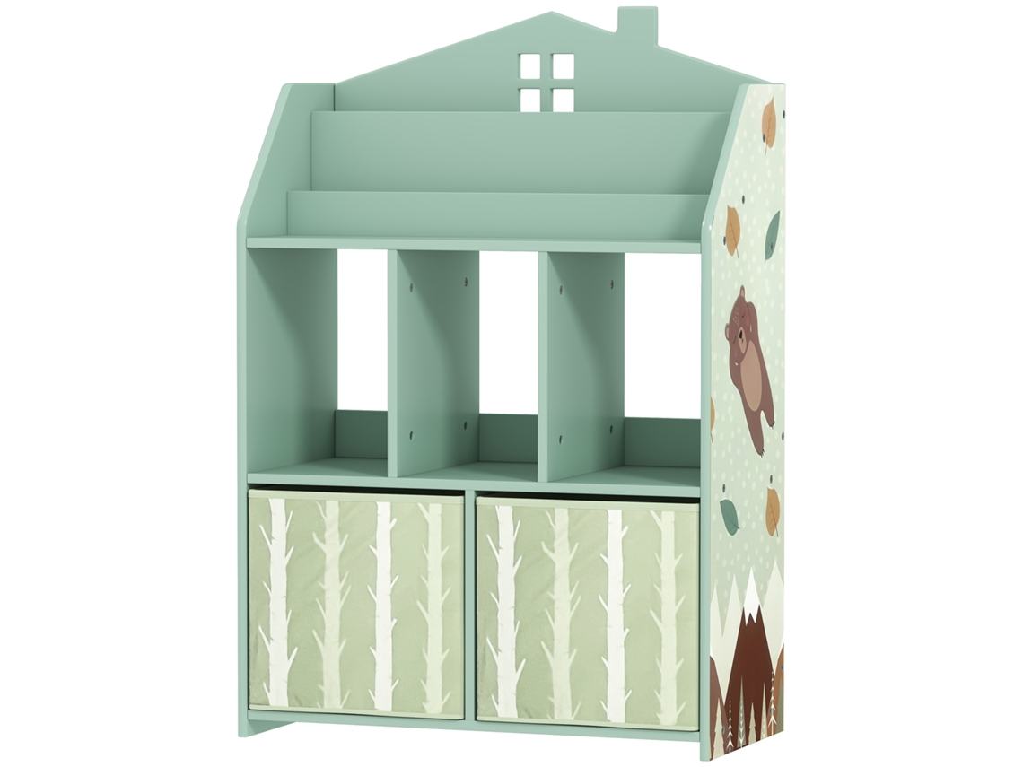 Estante Infantil Para Brinquedos Com Gavetas De Tecido Prateleiras Abertas Design De Ursinhos Organizador De Verde