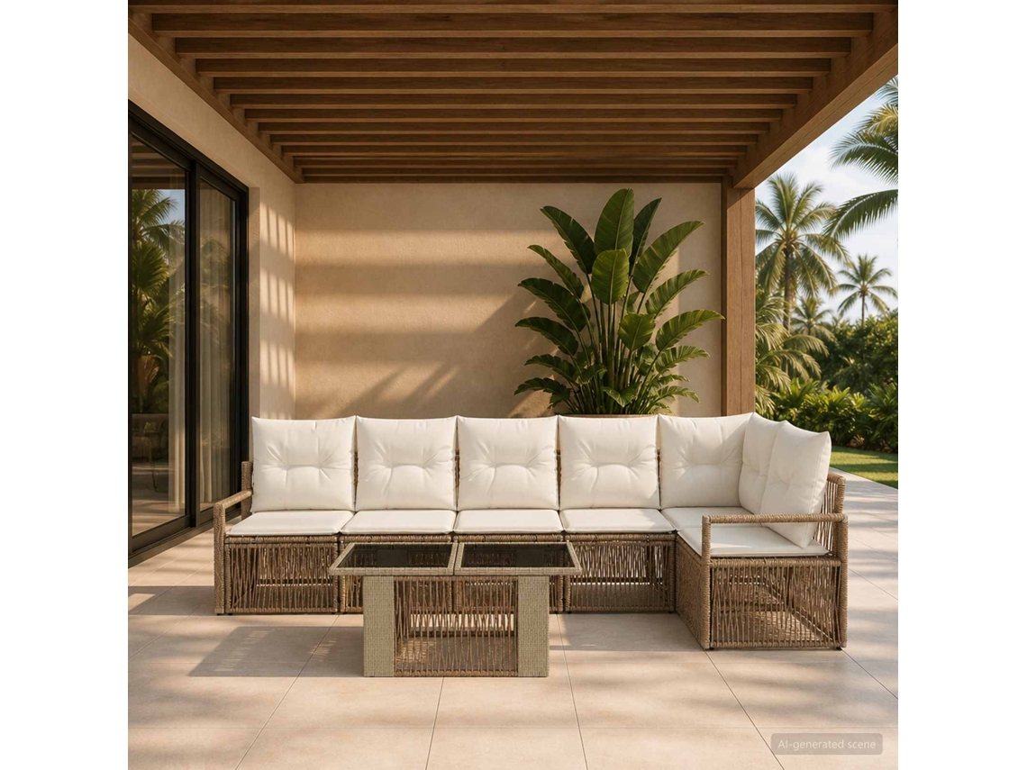 Vidaxl Conjunto De Sofá De Jardim 7 Unid. Bege E Branco Creme Vime Pe