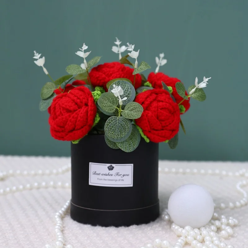 (vermelho) Balde De Crochê Artesanal Com Buquê Criativo Para Decoração De Mesa, Presente De Aniversário