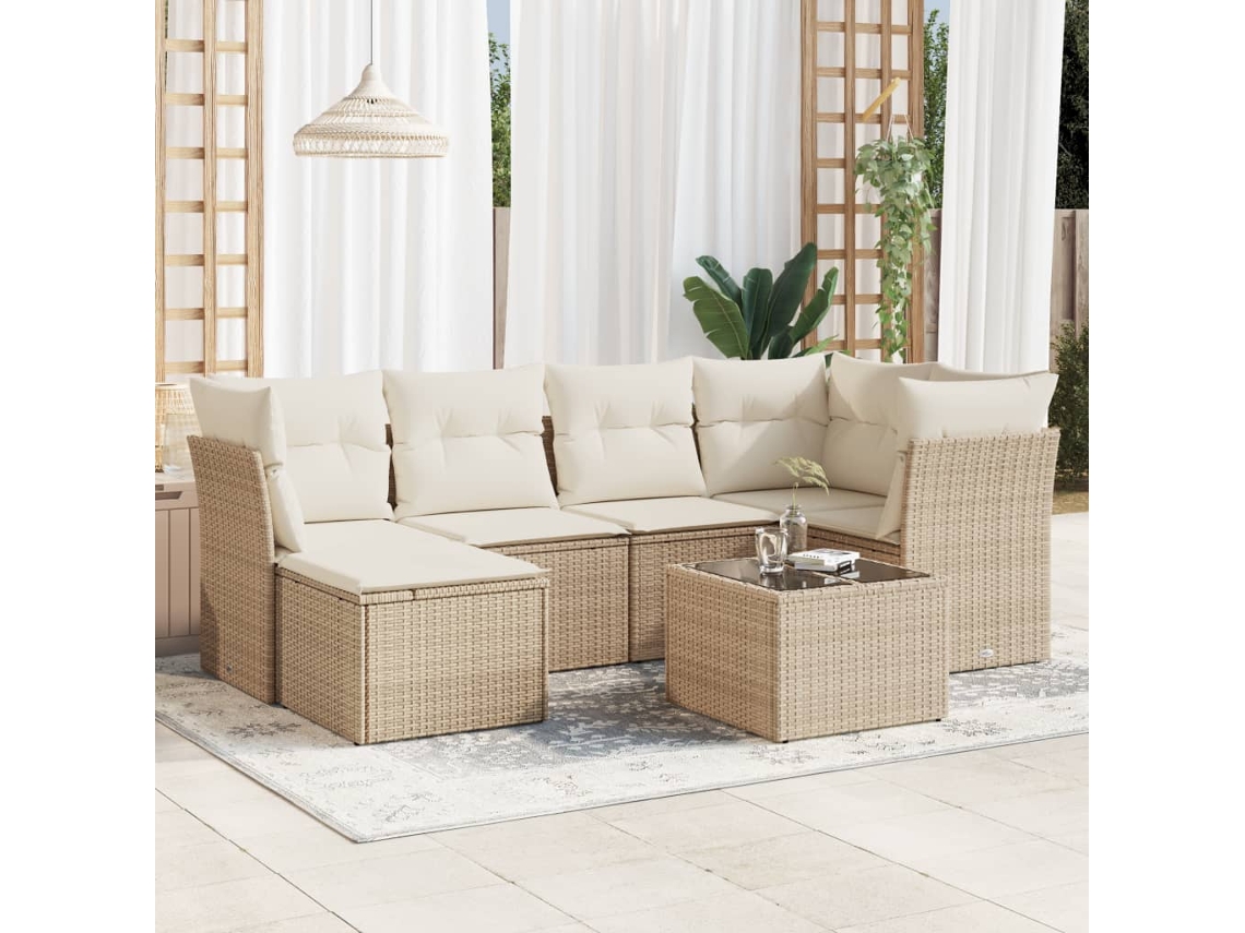 Vidaxl 7 Pcs Conjunto De Sofás P/ Jardim Com Almofadões Vime Pe Bege