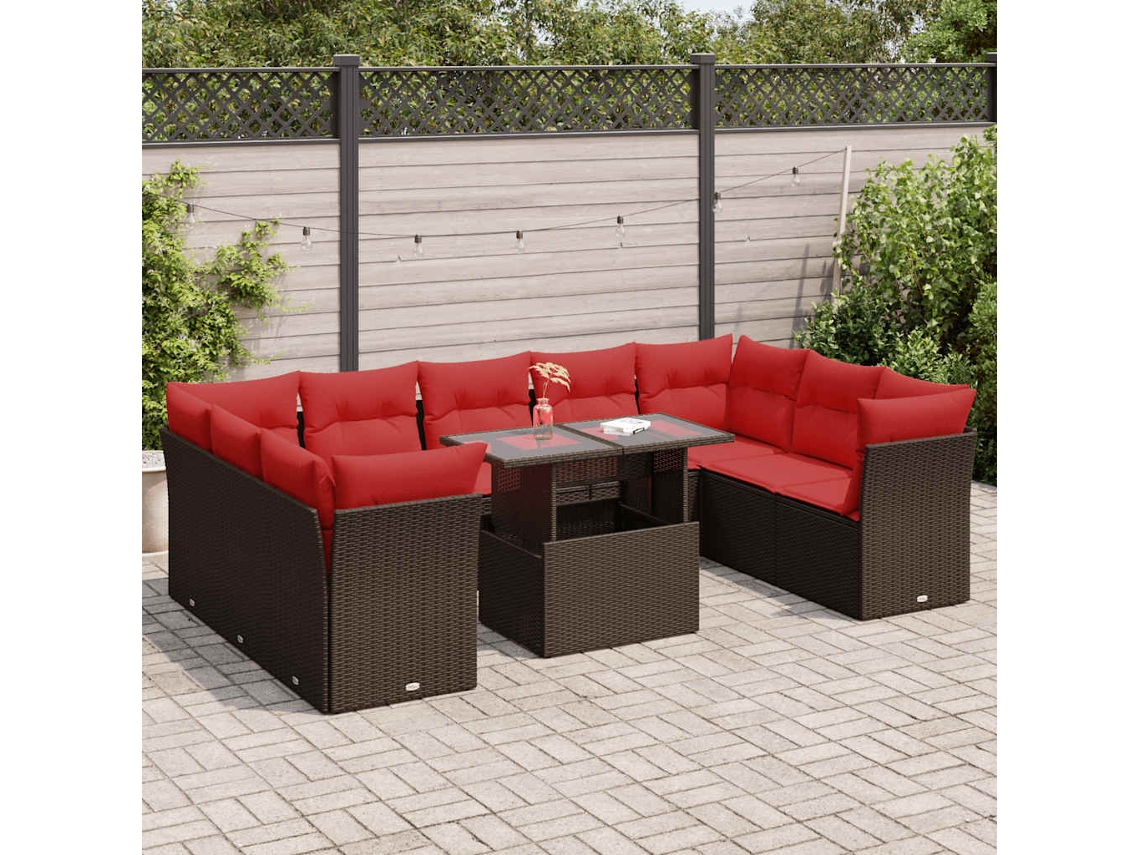 Vidaxl 10 Pcs Conj. Sofás Jardim C/ Almofadões Vime Pe/acácia Castanho
