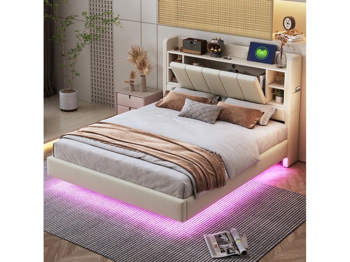 Cama Casal Bege 140x200cm Estofada, Usb, Fita Luz, Cabeceira Reversível Com Prateleiras, Metal.-op