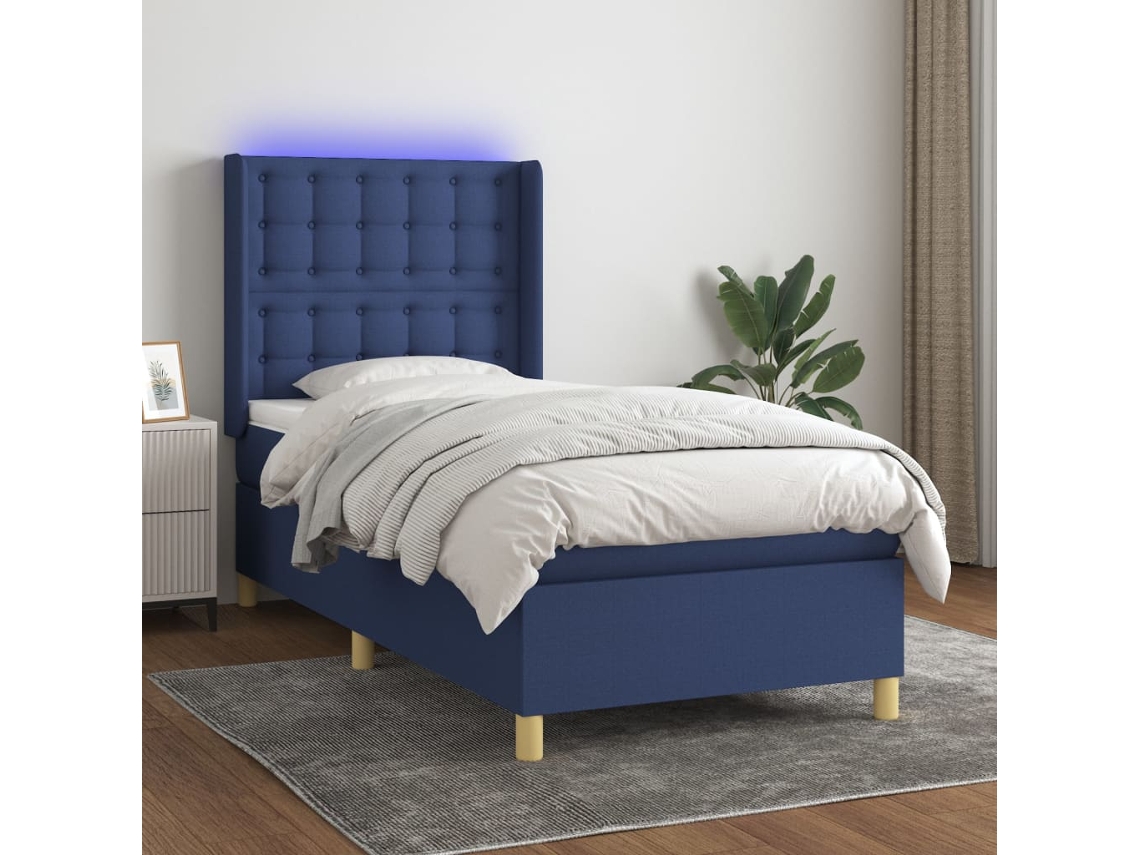 Cama Box Spring C/ Colchão E Led 100x200 Cm Tecido Azul