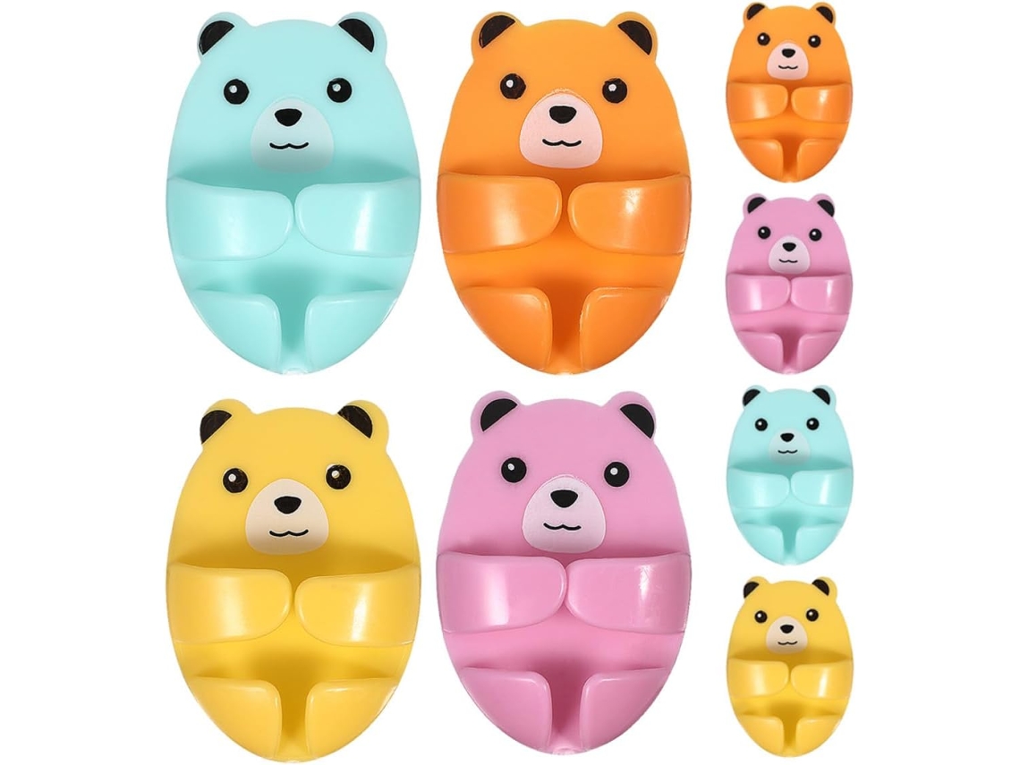 Ganchos Adesivos De Plástico Em Formato De Urso Para Organizar Cabos E Tomadas, Pacote Com 8 Unidades.