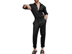 Macacão De Manga Longa De Uma Peça Para Homem Calça Overalls Romper Playsuit Poliéster Preto