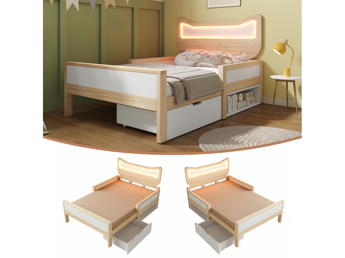 Cama Infantil Orelhas Gato Led Rgb Gaveta Flexível Branco Carvalho