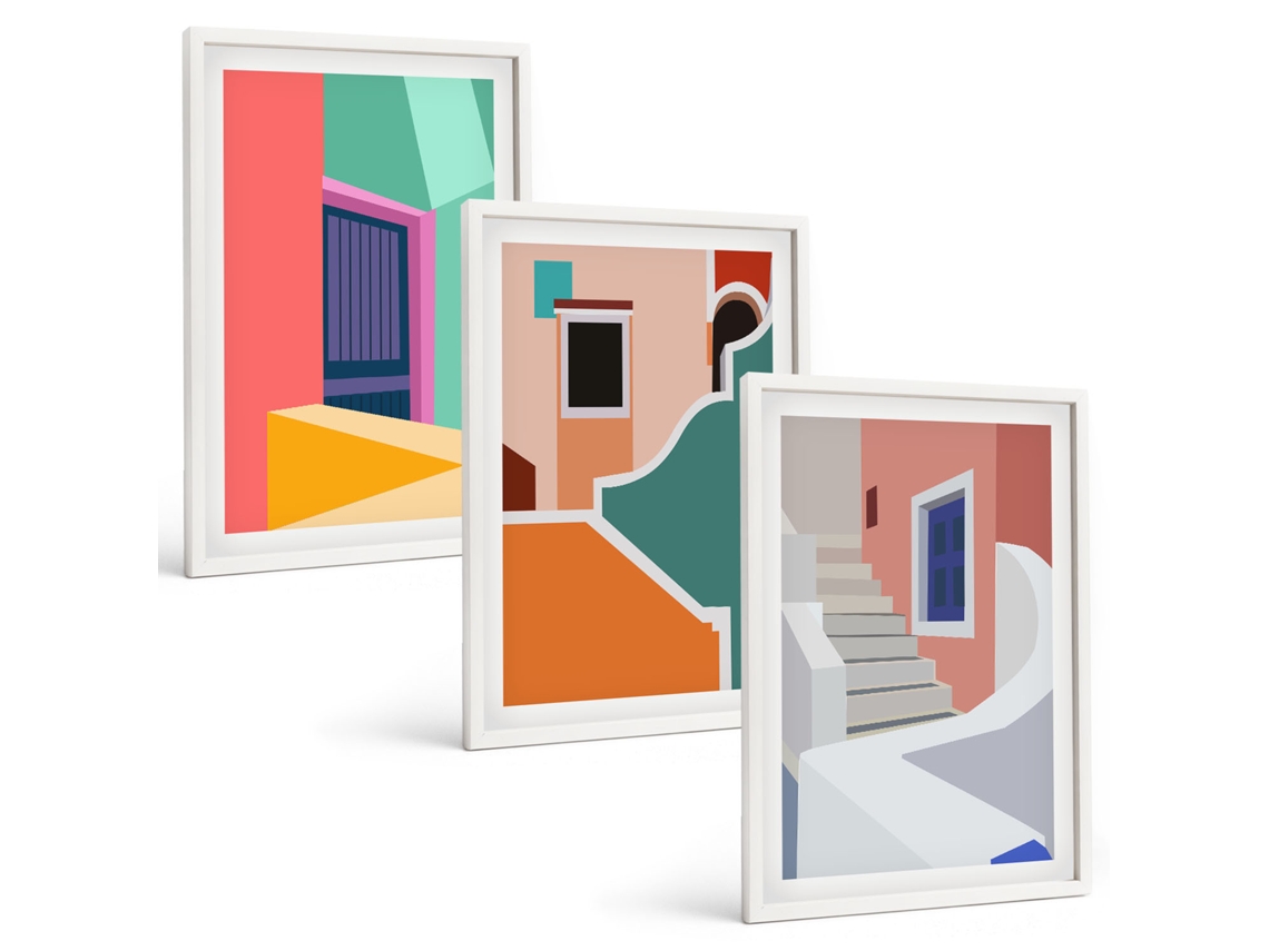 Conjunto De Pinturas Ilustrações De Edifícios Coloridos Espelharte (3 Peças 40x60 Cm)