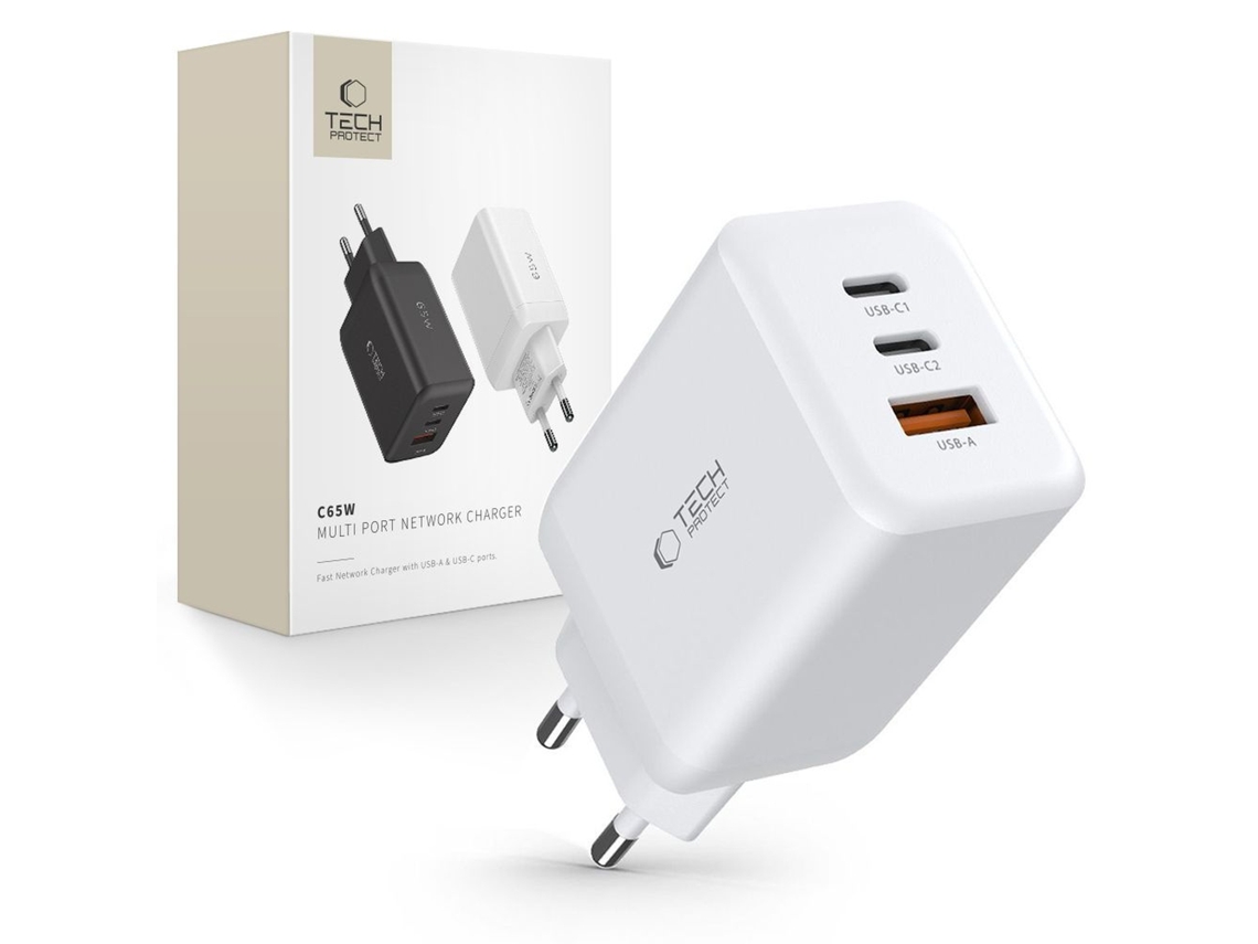 Ładowarka Sieciowa Usb c Usb a C65w Pd 65w Qc Biała TECH PROTECT