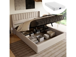 Cama Casal Bege 160x200cm Estofada, Hidráulica, Linho, Ripas (c/ Colchão).-op