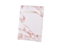 Porta-passaporte Em Couro Rosa Marmorizado Com Detalhes Dourado E Branco
