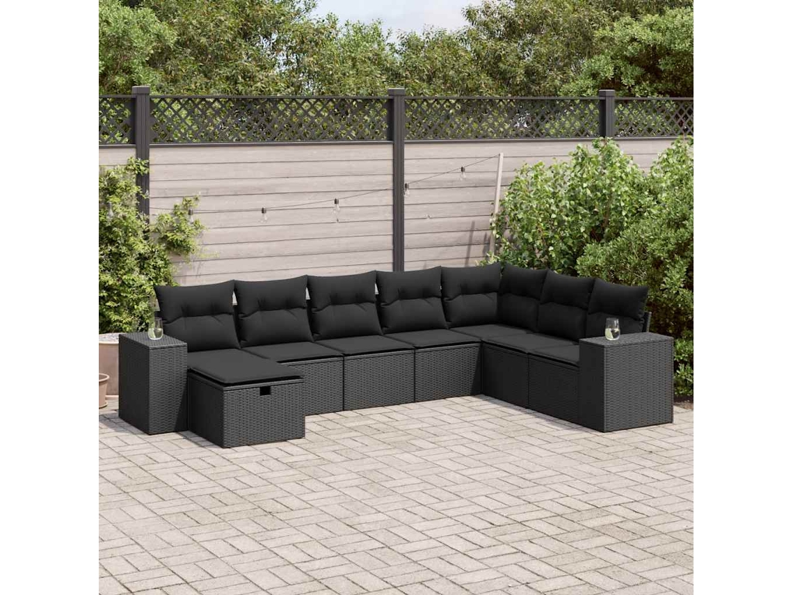 Vidaxl 8 Pcs Conjunto Sofás De Jardim Com Almofadões Vime Pe Preto