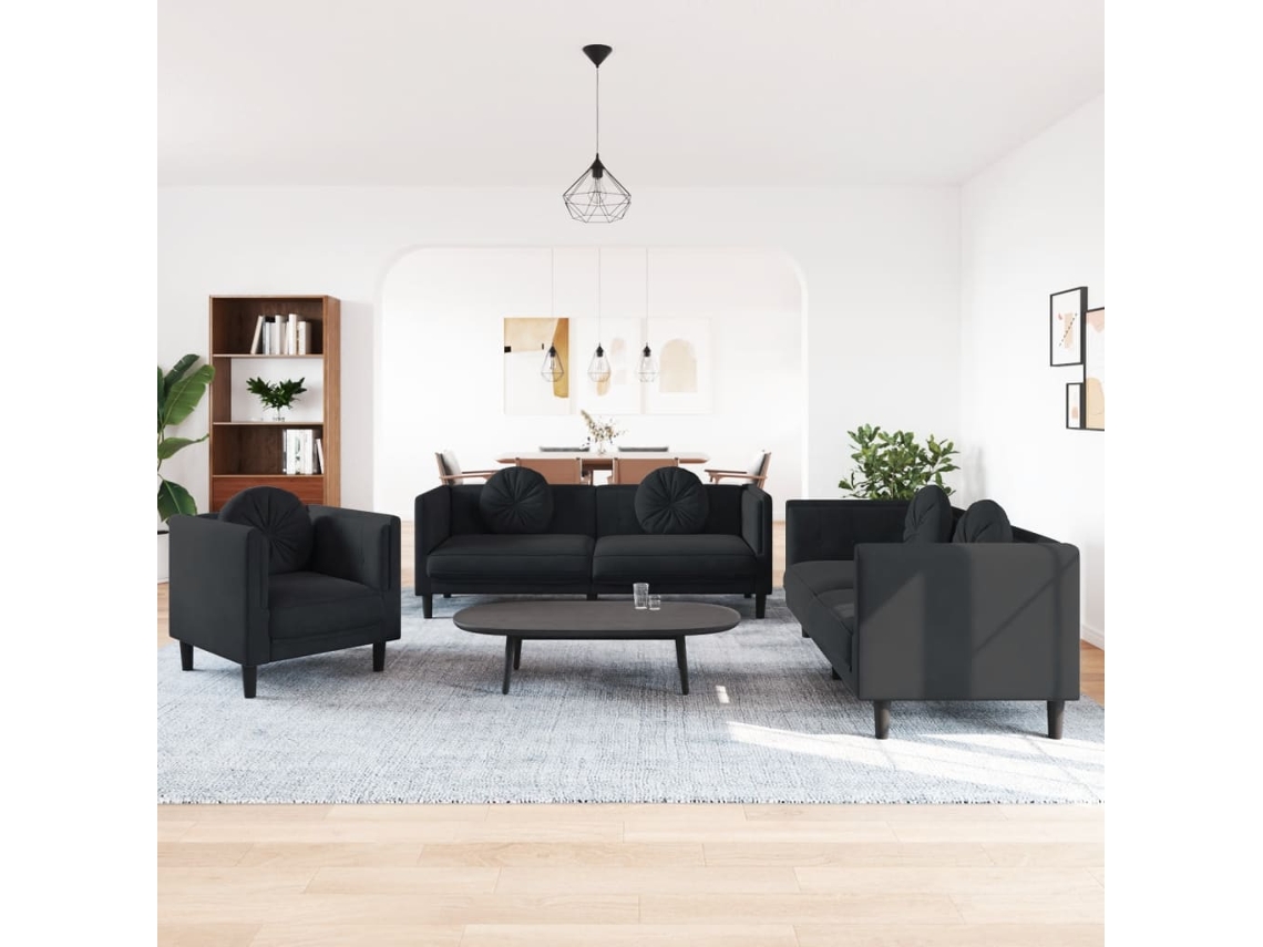 Vidaxl 3 Pcs Conjunto De Sofás Com Almofadas Veludo Preto