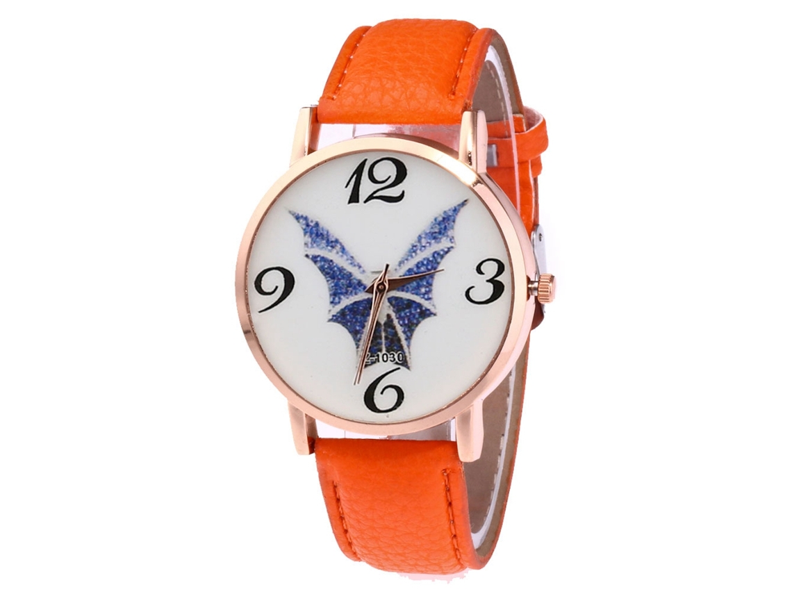 Relógio de quartzo com pulseira de couro PU para homens e mulheres com mostrador em formato de morcego (laranja)