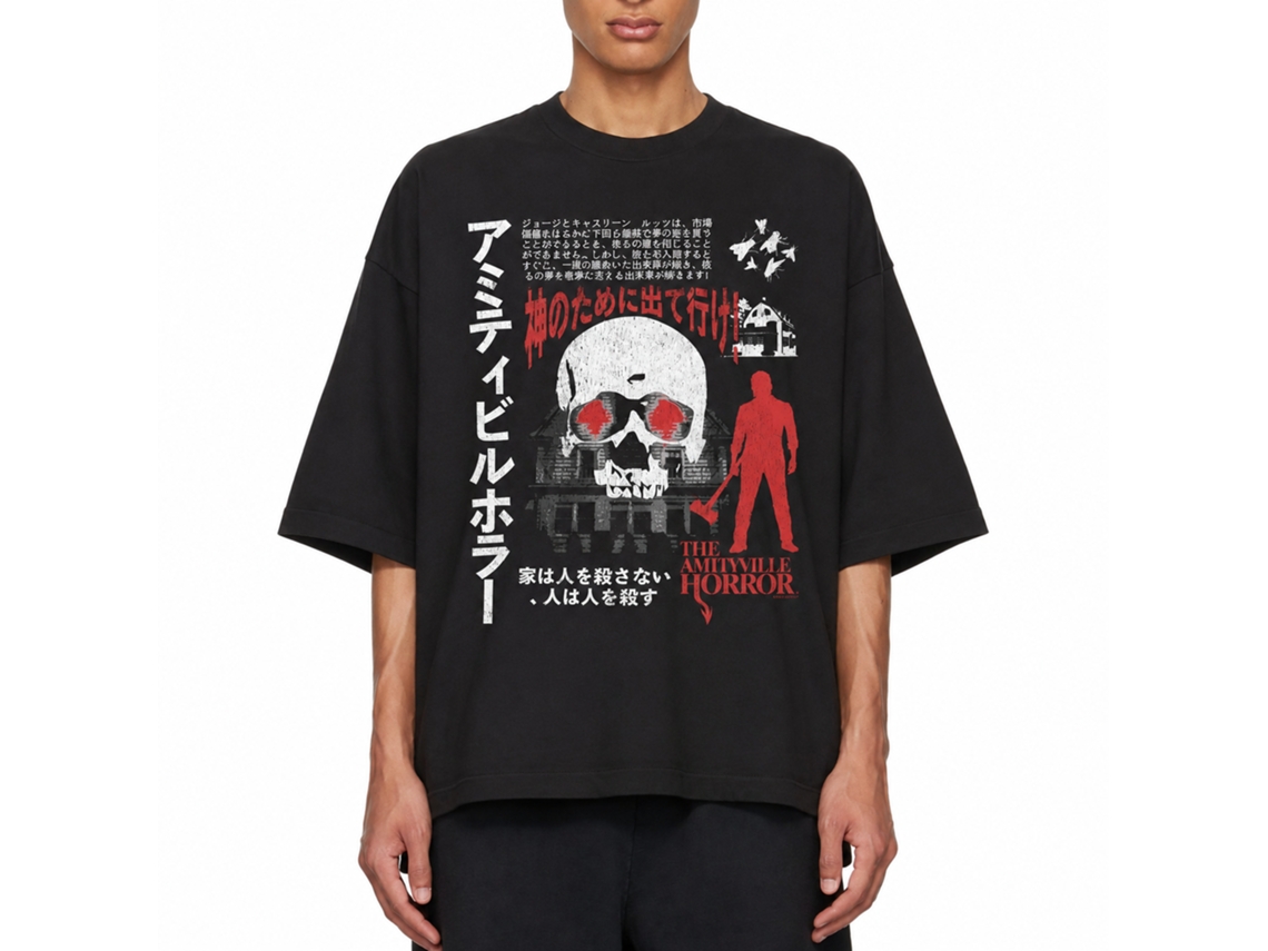 Rockinstone Amityville Horror Movie Japanese Text Black Adult T-shirt Size:m