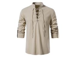 Camisa De Linho Casual Com Gola Alta E Mangas Longas, Fit Solto, Ideal Para Diversas Ocasiões Khaki