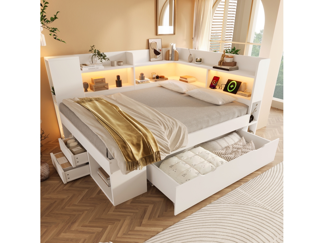 Cama 140x200 Cm Branca Com Led Usb Typ-c Armários Gavetas Sem Colchão