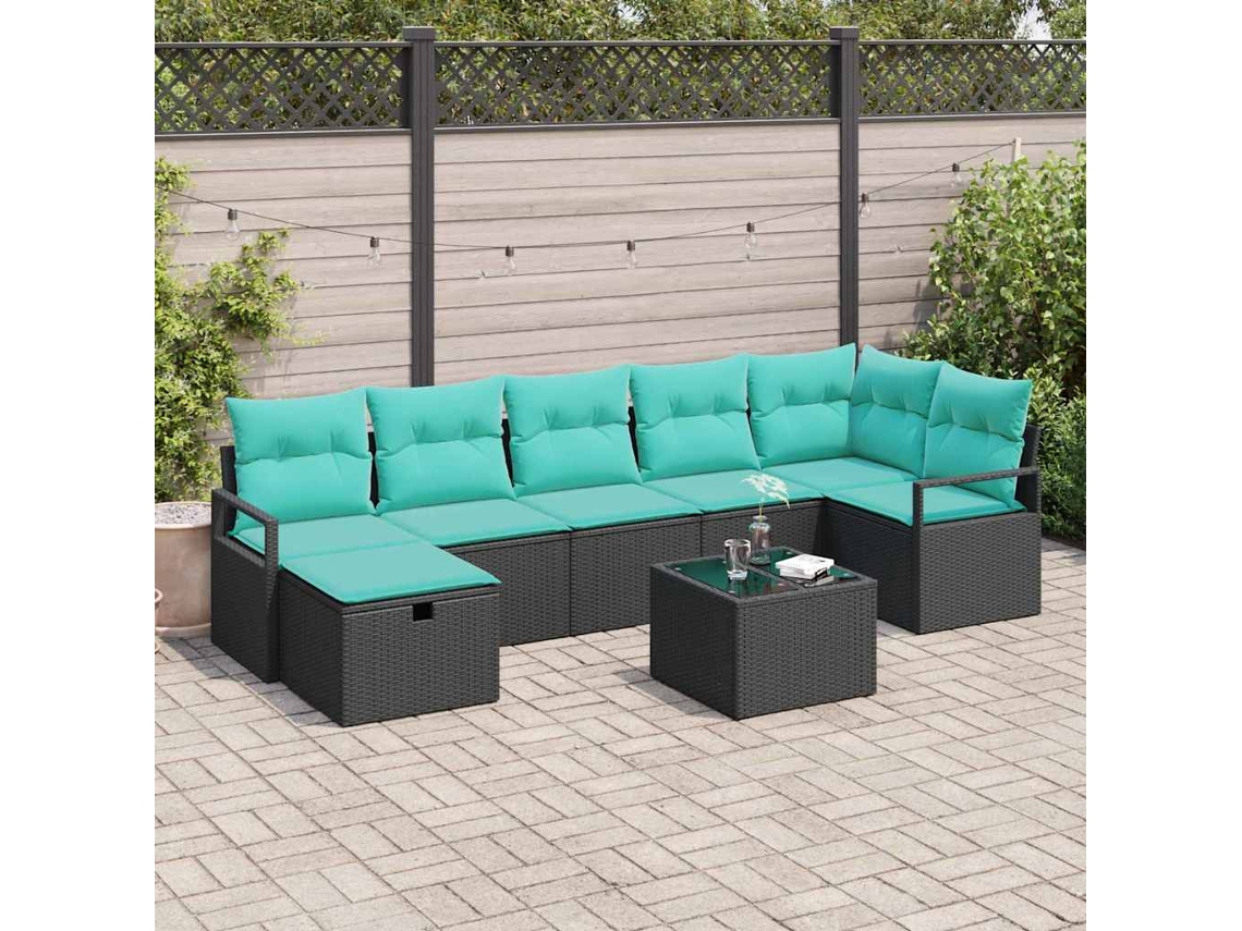 Vidaxl Conjunto De Sofás Com Almofada 8 Pcs Preto E Turquesa Vime Pe