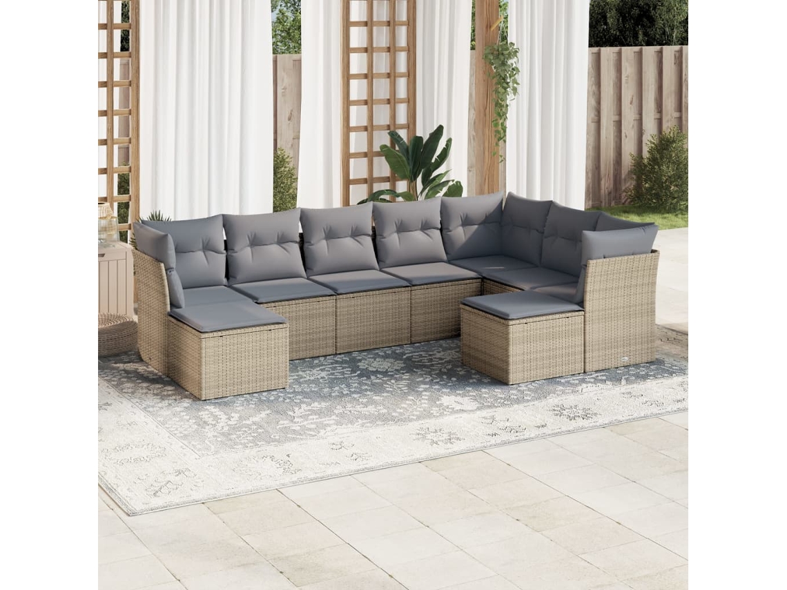 Vidaxl 9 Pcs Conjunto De Sofás P/ Jardim Com Almofadões Vime Pe Bege