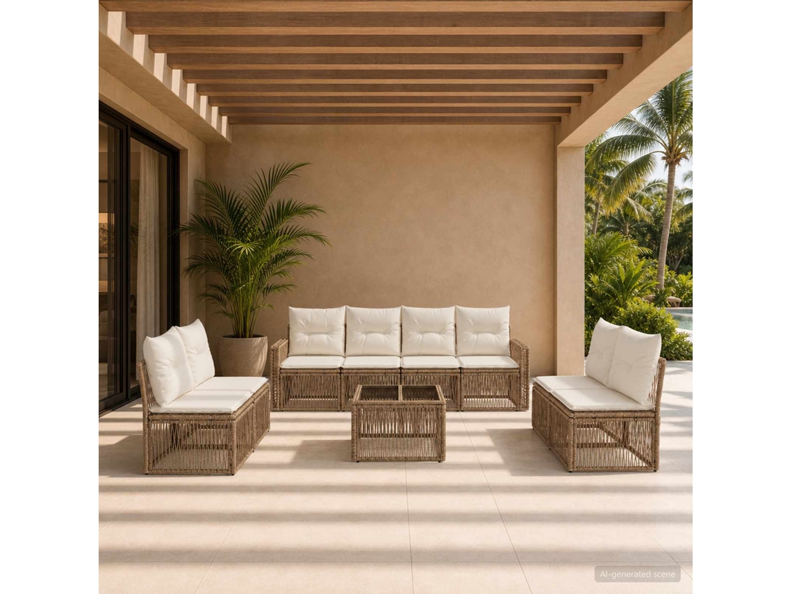 Vidaxl Conjunto De Sofá De Jardim 9 Unid. Bege E Branco Creme Vime Pe