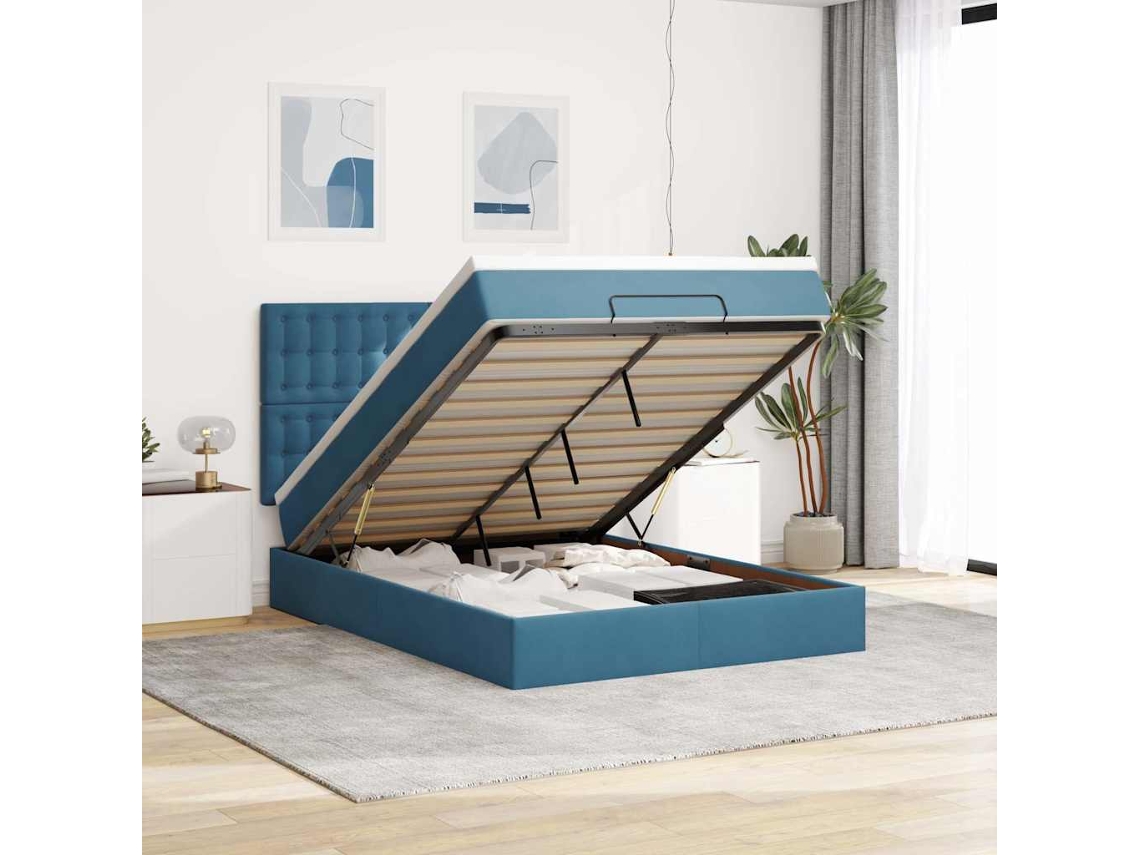 Estrutura De Cama Otomana Colchões 140x200cm Veludo Azul Escuro