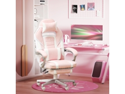 Cadeira Gamer Com Descanso Pés, Ajustável, Giratória, Reclinável, Couro Sintético, 120kg, Cor Rosa.