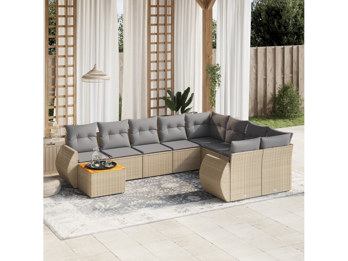 Vidaxl 10 Pcs Conjunto De Sofás P/ Jardim Com Almofadões Vime Pe Bege
