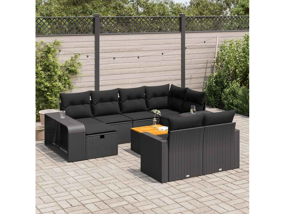 Vidaxl 11 Pcs Conjunto Sofás de Jardim C/ Almofadões Vime Pe Preto