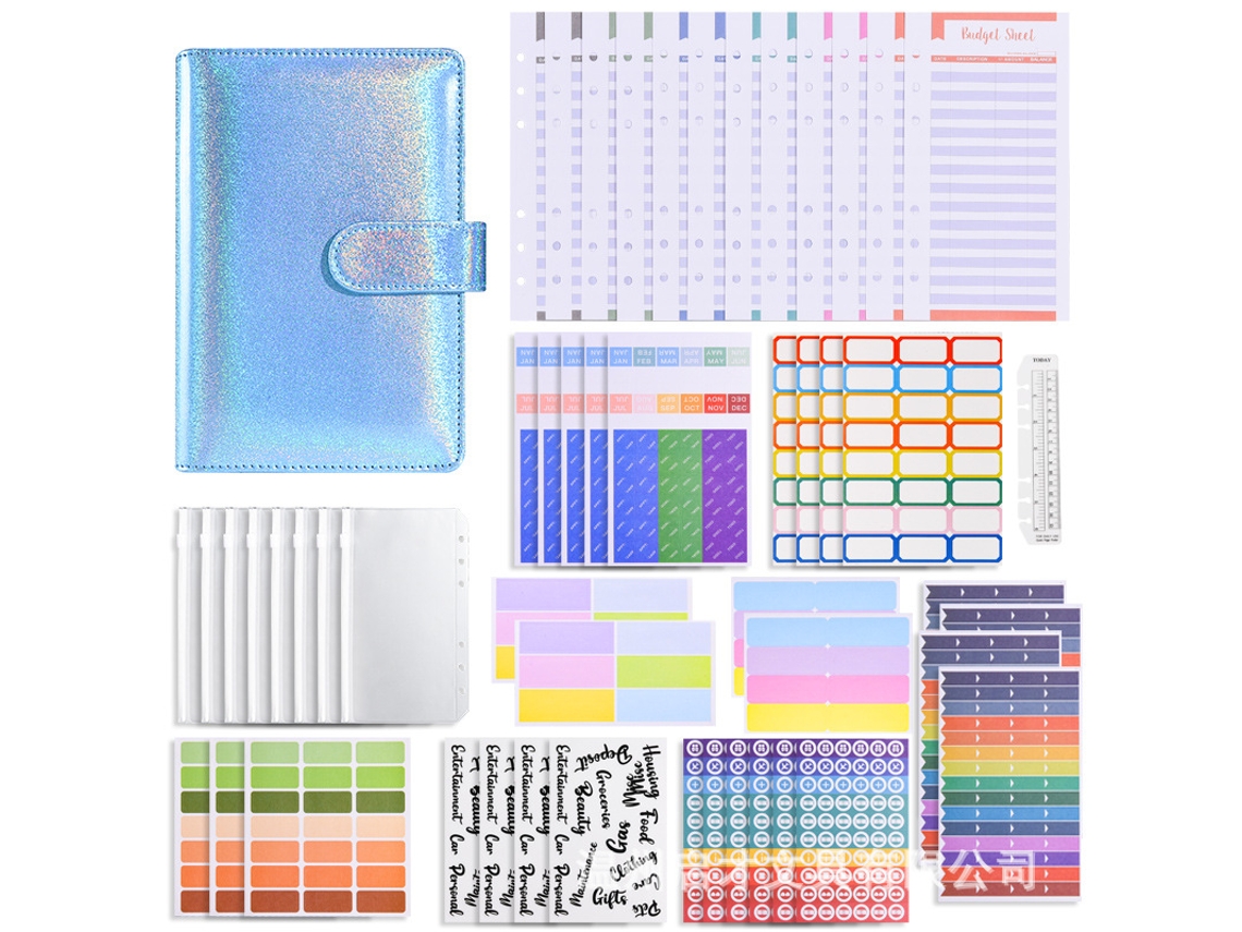 A6 Pu Leather Holographic Macaron Budget Binder With Cash Envelopes Blue Luxury Gift Set