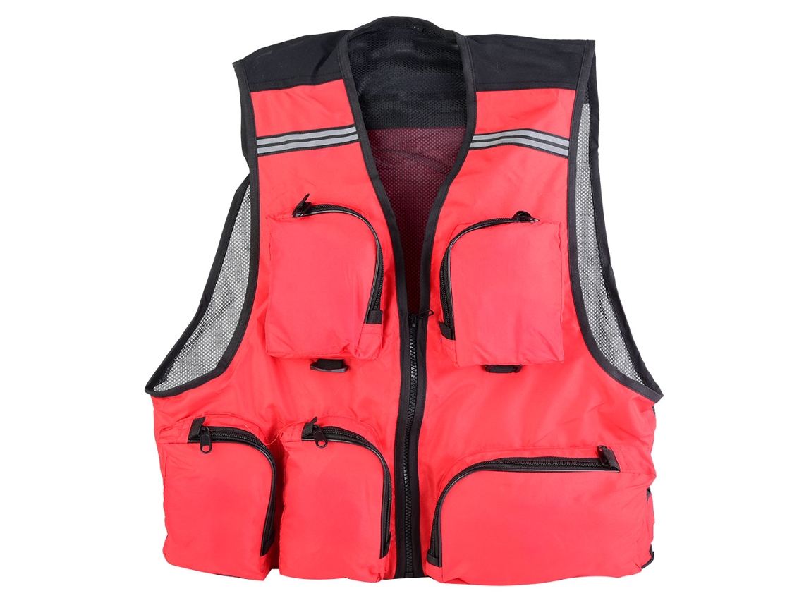 Colete fotográfico para pesca ao ar livre com vários bolsos, respirável e de secagem rápida (vermelho GG)