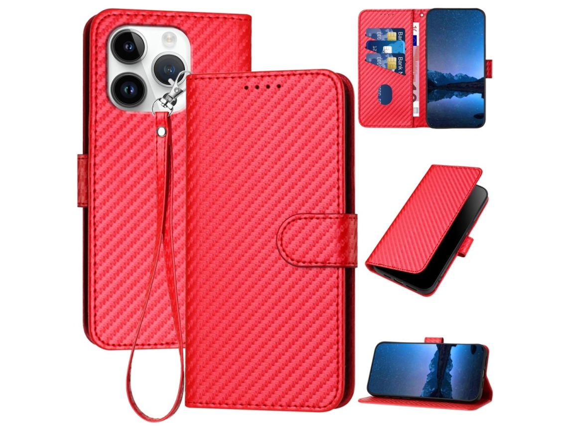 Capa De Couro Para Iphone 16 Pro - Fivela Em Fibra De Carbono - Com Cordão