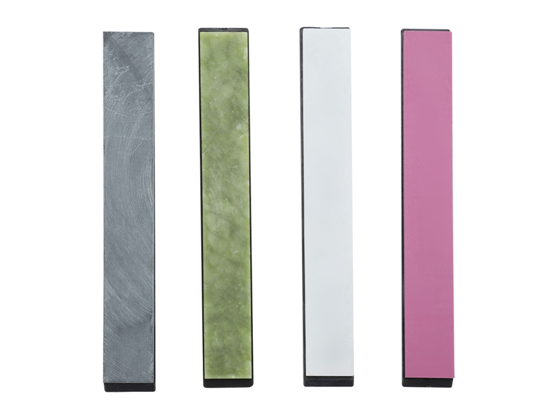 Conjunto de 4 pedras de afiar coloridas com base para afiar facas, afiador de facas de ângulo fixo.