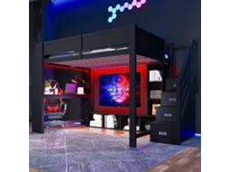 Cama Alta 140x200 - Secretária, Armazenamento Múltiplo, Led E Escada Com Espaço - Preto