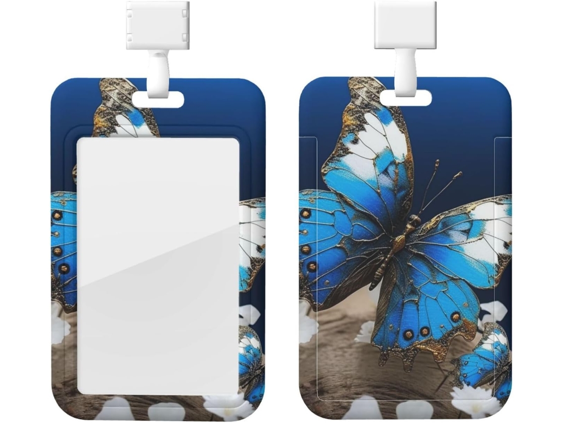 Porta Crachá Borboleta Azul, Protetor de Crachá Vertical Com Cordão, Camada Plástica Impermeável, Crachá Estojo