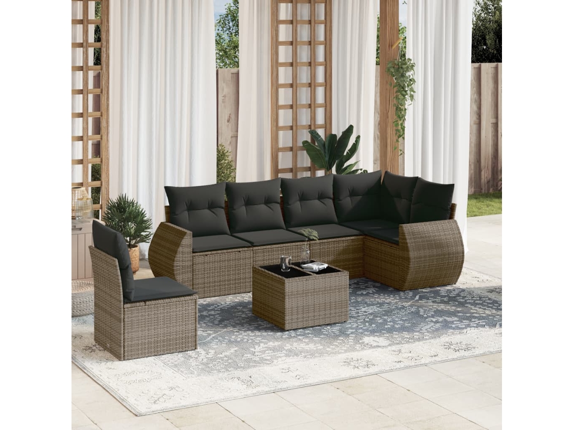 Vidaxl 7 Pcs Conjunto Sofás P/ Jardim C/ Almofadões Vime Pe Cinzento
