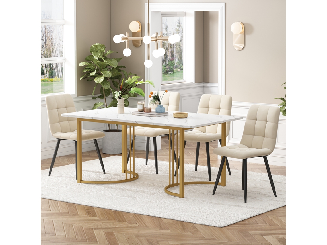 Mesa 140cm com 4 Cadeiras Veludo Bege e Pés Dourados VOLTEDGE