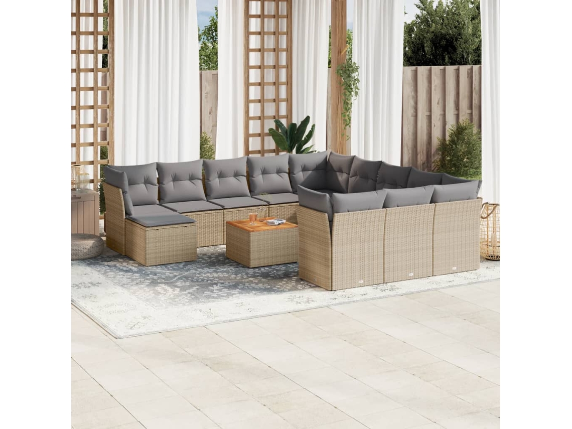 Vidaxl 13 Pcs Conjunto De Sofás P/ Jardim Com Almofadões Vime Pe Bege