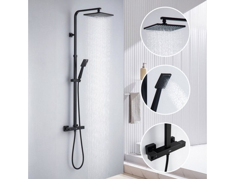 Coluna De Chuveiro Misturador Termostático 2 Funções Conjunto De Chuveiro Preto Em Latão Altura Regulável 110 137 Cm Auralum Max