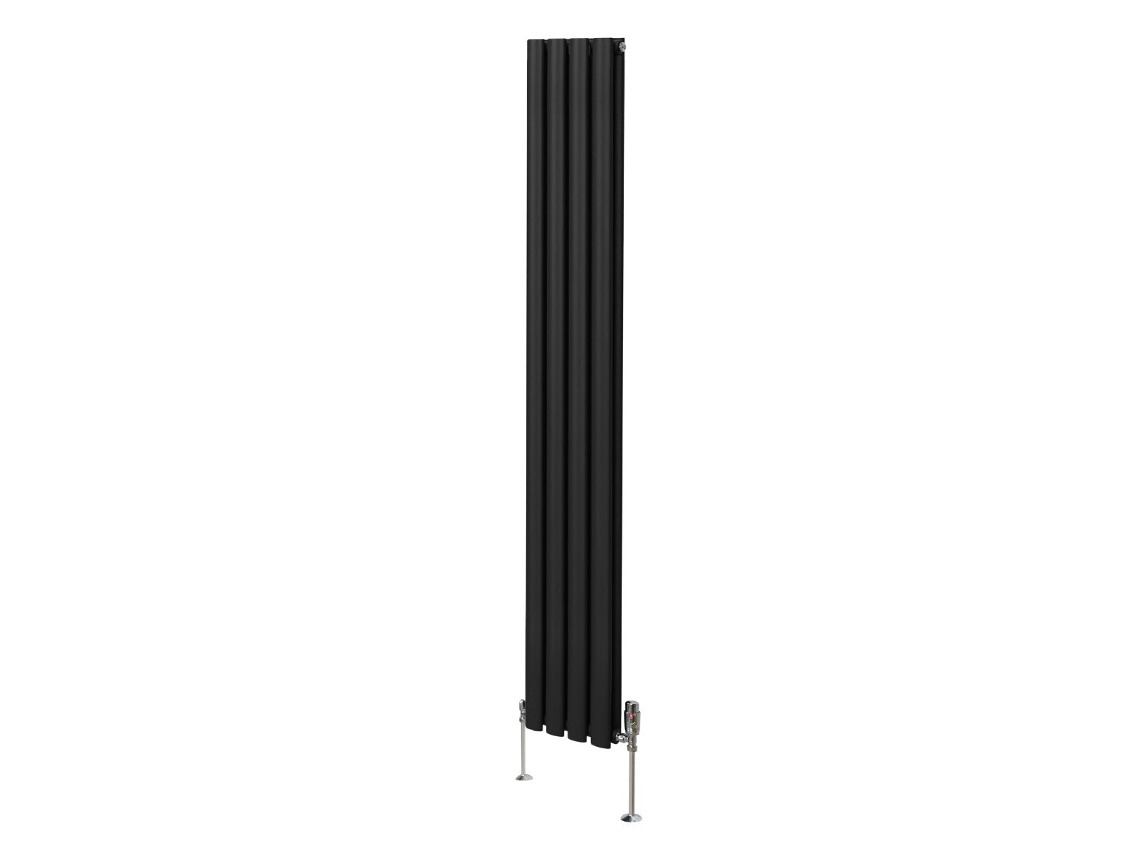 Radiador Vertical Oval Em Aço Carbono Preto 1800x240mm Com Válvulas Termostáticas Cromadas E Elevada Potência Térmica