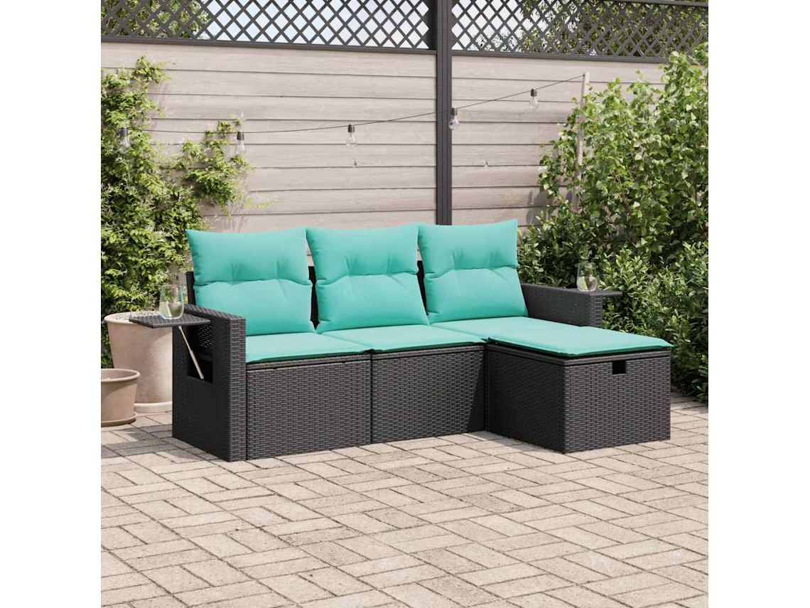 Vidaxl 4 Pcs Conjunto De Sofás Para Jardim C/ Almofadões Vime Pe Preto