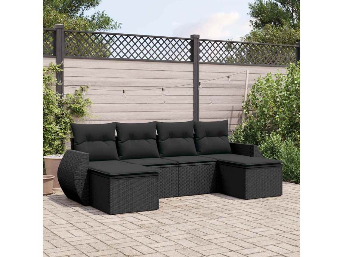 Vidaxl 6 Pcs Conjunto Sofás De Jardim C/ Almofadões Vime Pe Preto