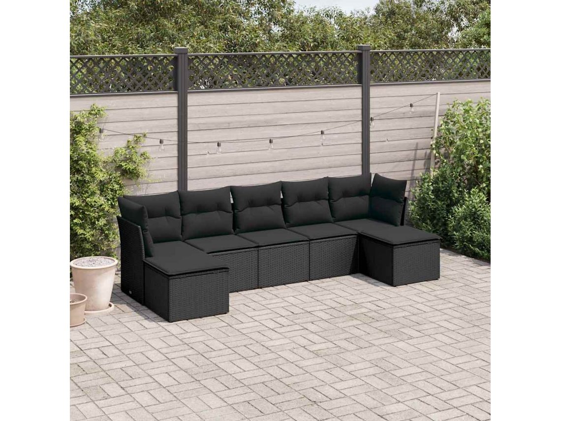 Vidaxl 7 Pcs Conjunto De Sofás P/ Jardim C/ Almofadões Vime Pe Preto