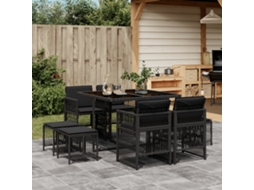 9 Pcs Conjunto De Jantar P/ Jardim C/ Almofadões Vime Pe Preto Dkd Home Decor